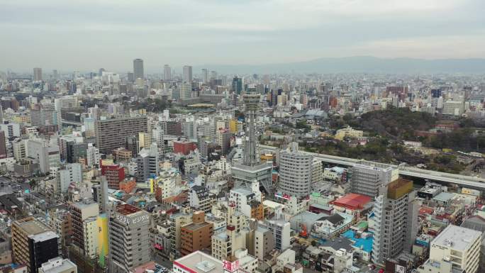 原创4K 日本大阪通天阁都市天际线航拍