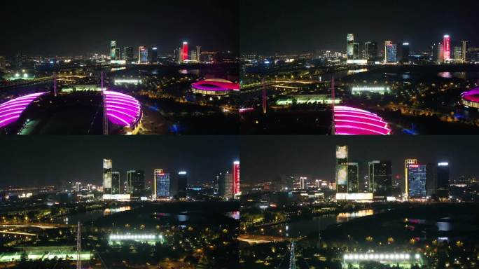 浙江义乌城市地标夜景风光4K变焦航拍