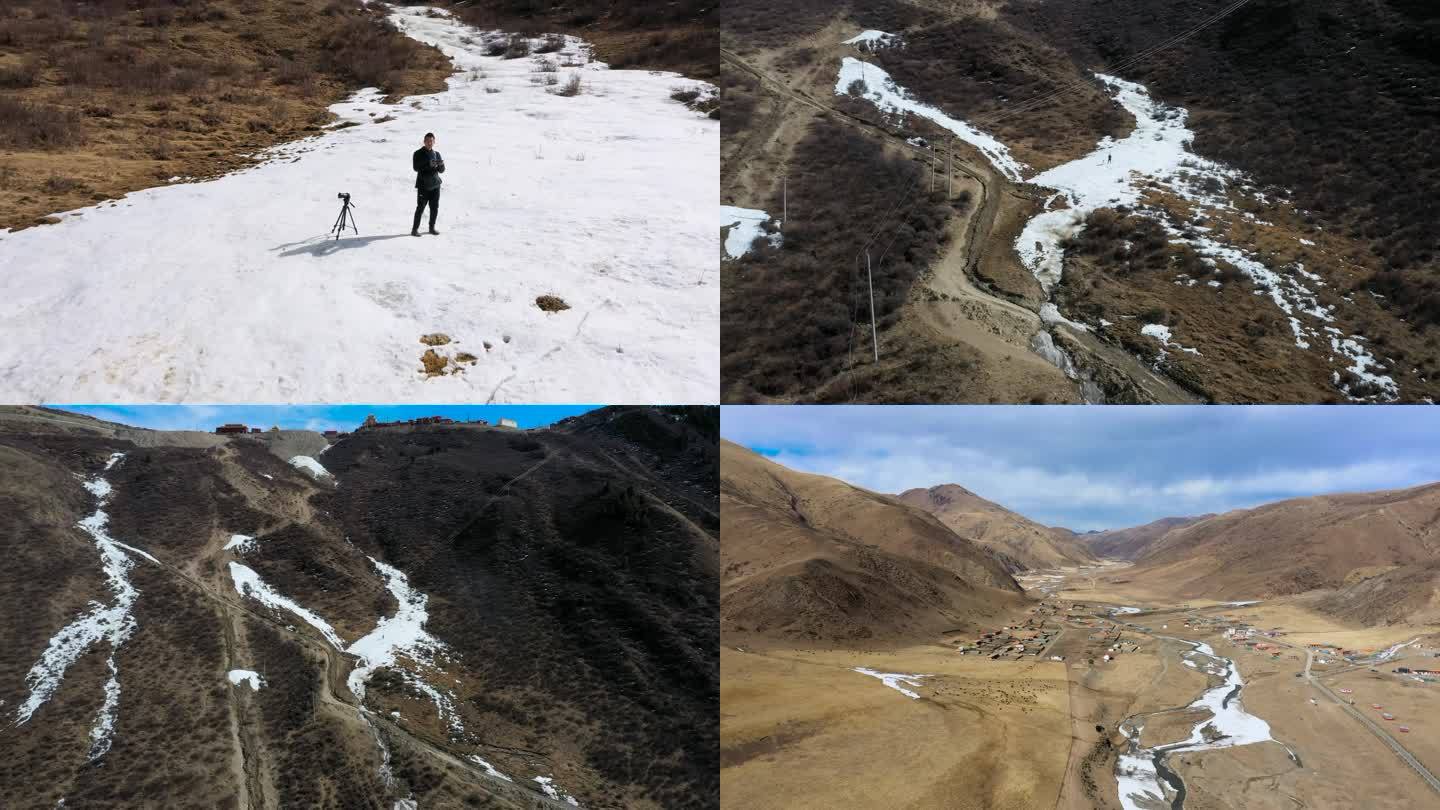 航拍 中国西北 高原 冰川 藏族村庄
