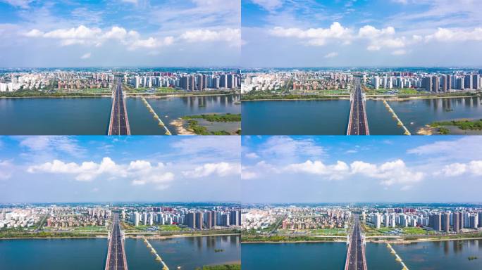 航拍大范围延时临沂市北京路沂河大桥风景