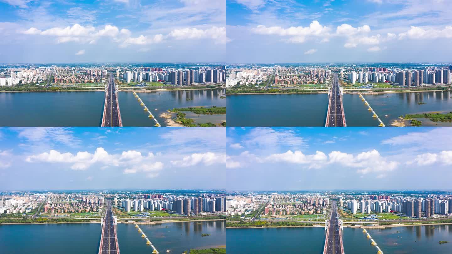 航拍大范围延时临沂市北京路沂河大桥风景
