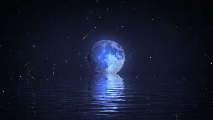 蓝色唯美水面月亮升起