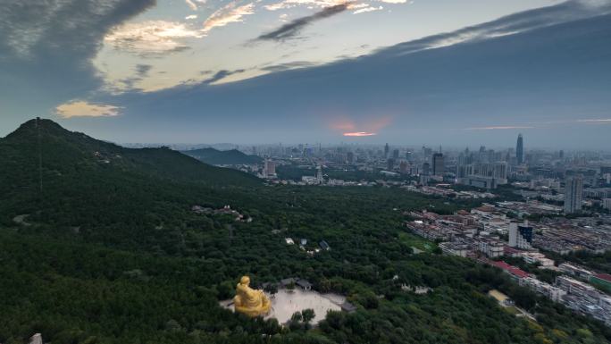 航拍山东省济南市历下区千佛山晚霞