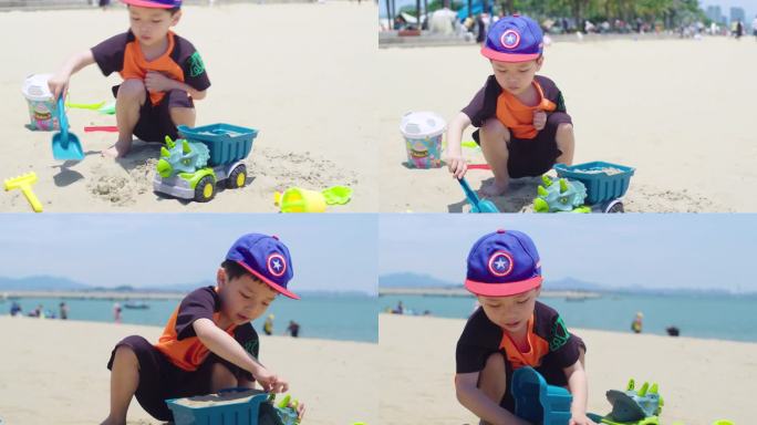 小男孩海边沙滩挖沙子-快乐童年美好假期