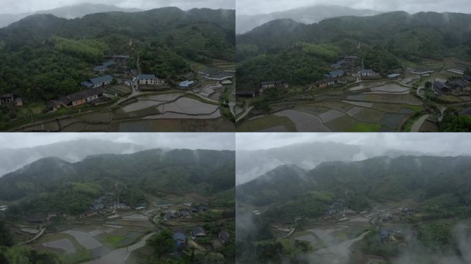 航拍雨天山村云海