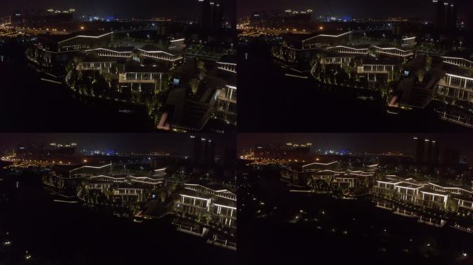 夜间城市建筑群屋面线条航拍