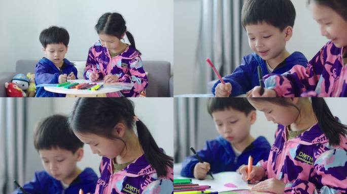 用彩笔画画的孩子们-童真童趣快乐童年