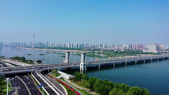 航拍山东省临沂市北京路沂河大桥风景