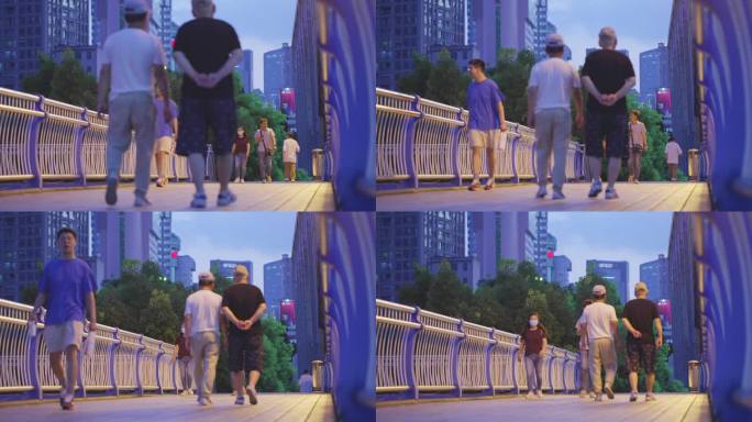 天桥 人流 行人 散步 悠闲 傍晚