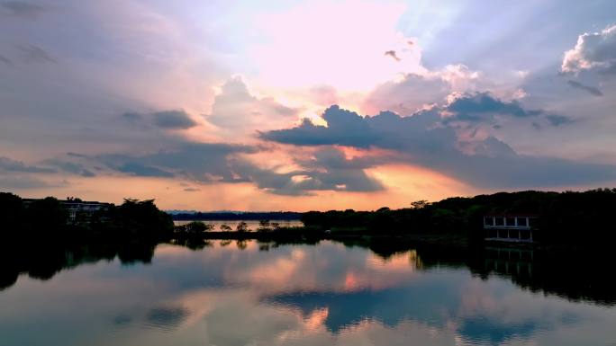 定罗湖 夕阳航拍