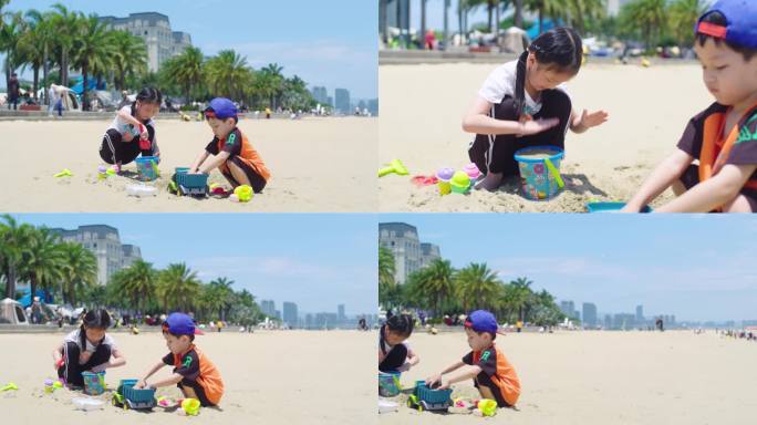 小朋友在海边沙滩玩沙子-童年无忧无虑