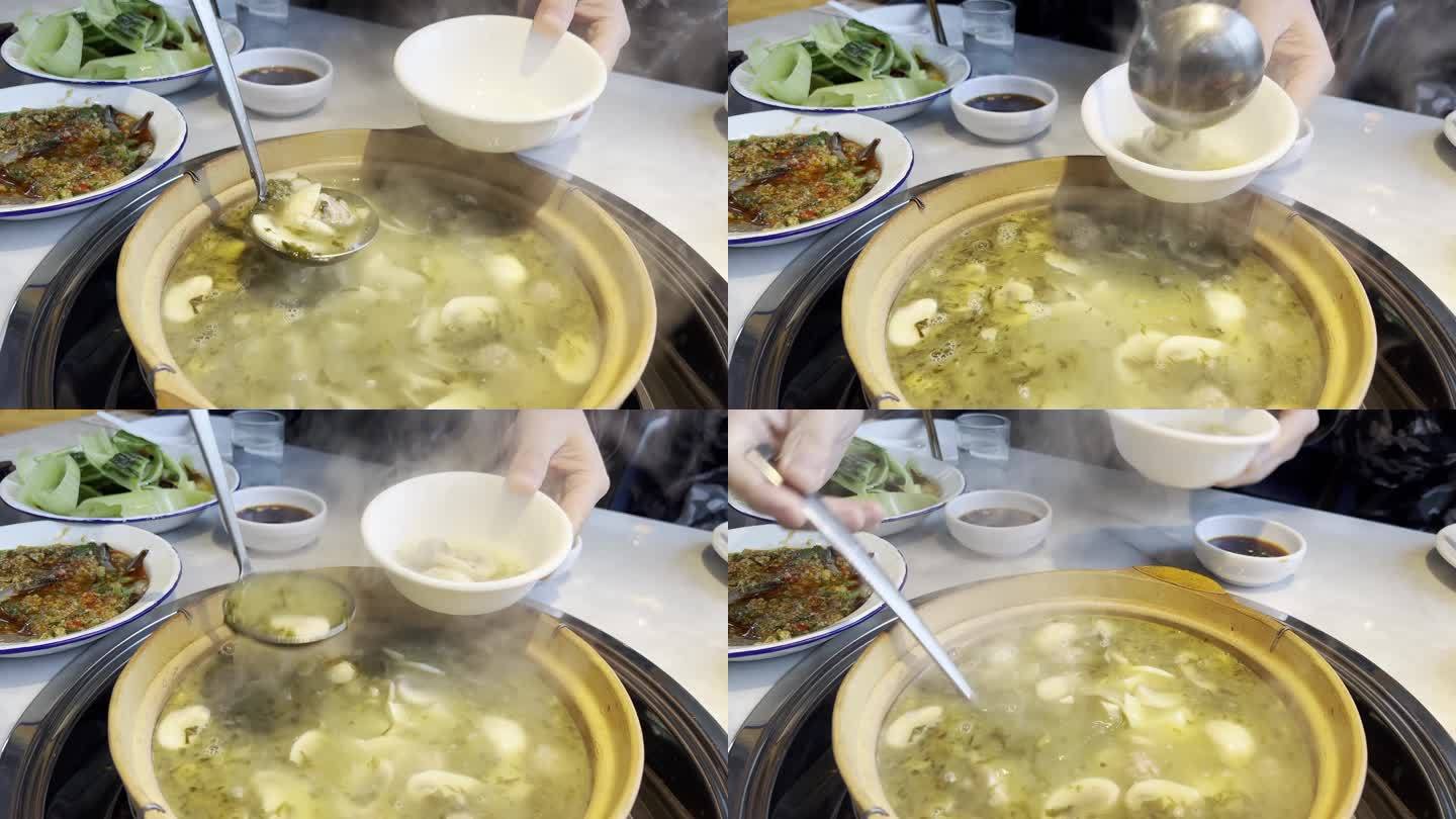 盛汤到碗里