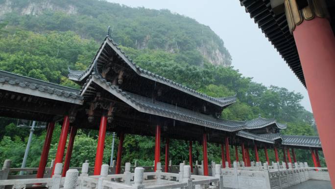 柳州文庙中式庭院古建筑雨景雨季大雨暴雨