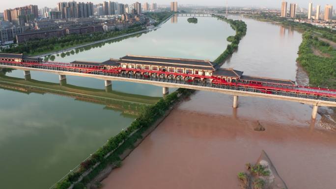 陕西省咸阳市咸阳湖古渡廊桥日落航拍