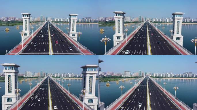 航拍山东临沂市北城新区北京路沂河大桥风景