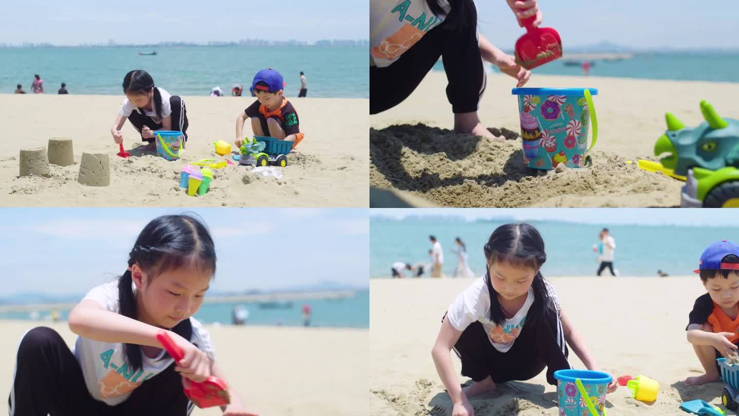 小朋友沙滩玩沙子-童年无忧无虑