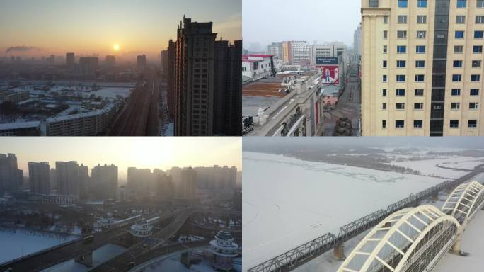 哈尔滨城市冬季清晨楼群街道大桥
