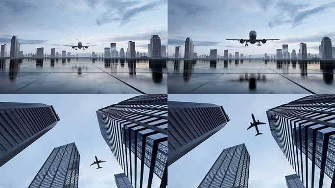 飞机起飞商务意境写字楼飞跃商业CBD未来