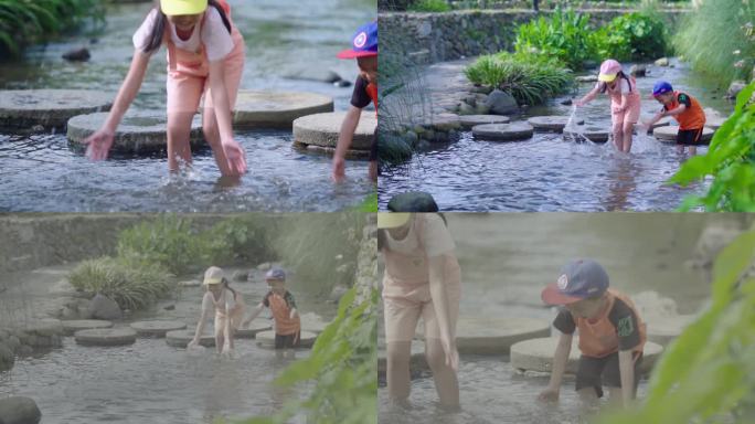 孩子们在小溪泼水玩水嬉戏-夏日小清新