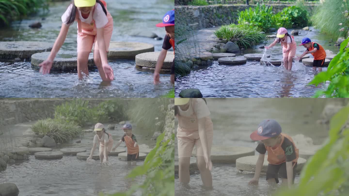 孩子们在小溪泼水玩水嬉戏-夏日小清新