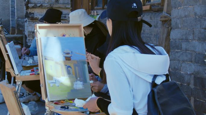 写生画画绘画大学生古城清晨练习手绘画板