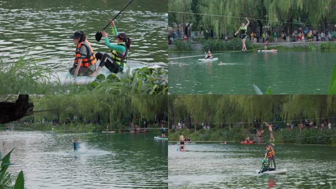 北京夏天在河里游泳划船的人
