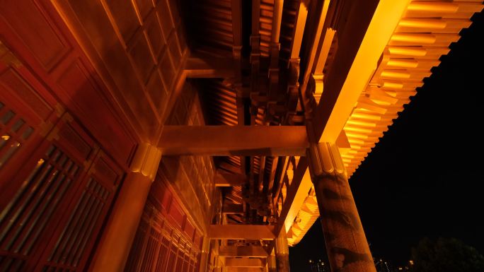 广西柳州文庙中式庭院宫殿长廊走廊夜景