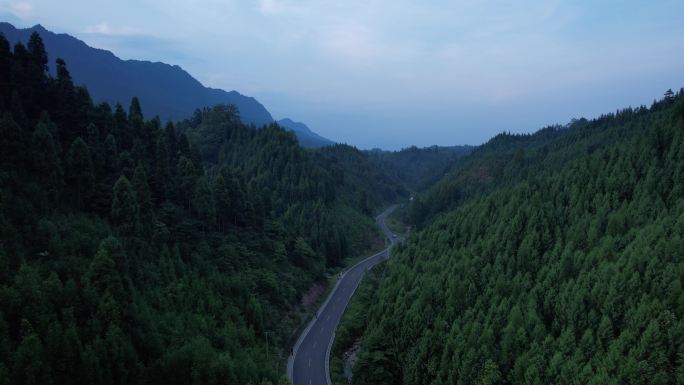 俯瞰山林盘山公路行车前飞