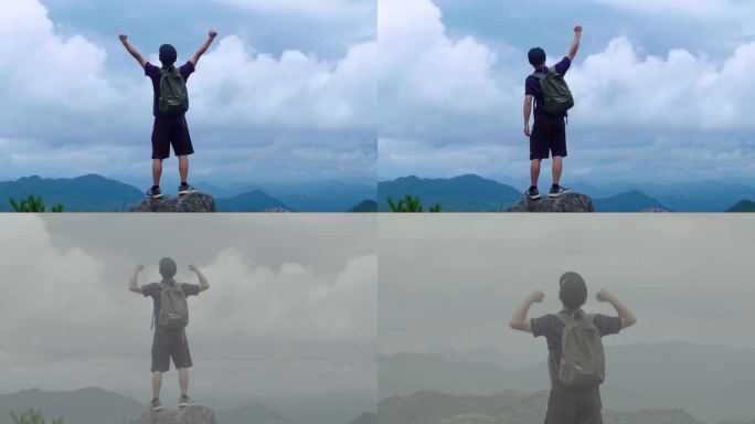 登山者在山顶向着蓝天举起手臂背影