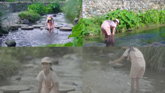 夏日清新-小溪玩水的孩子泼水嬉戏