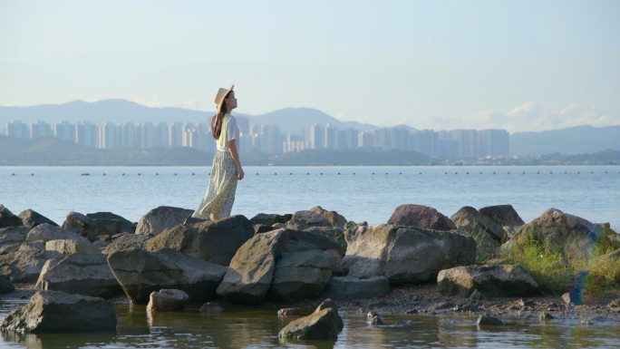 4k深圳湾公园海边的少女