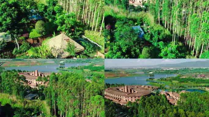 航拍热带雨林森林山谷城堡别墅