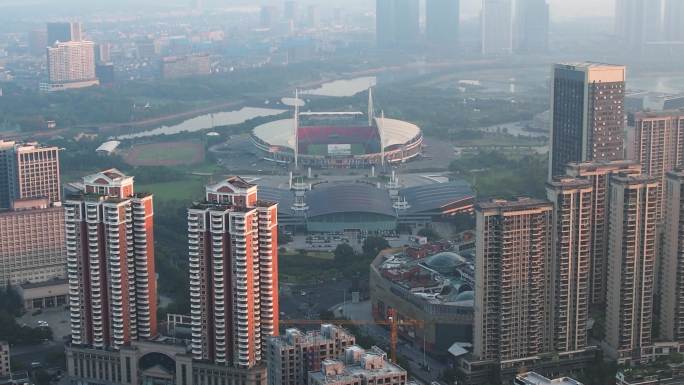 浙江义乌城市地标风光滑动变焦希区柯克航拍