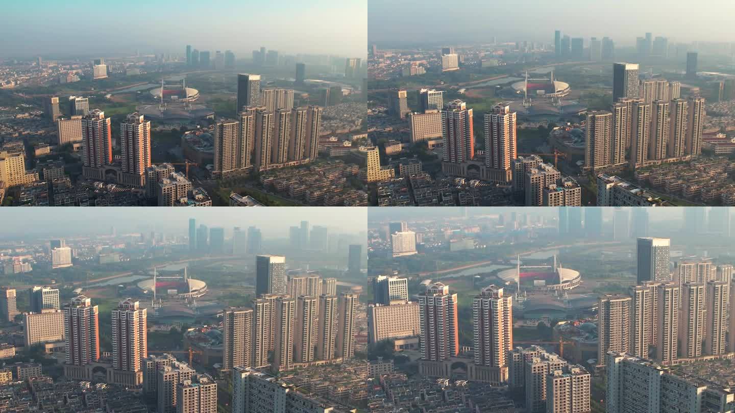 义乌城市地标风光滑动变焦4K航拍
