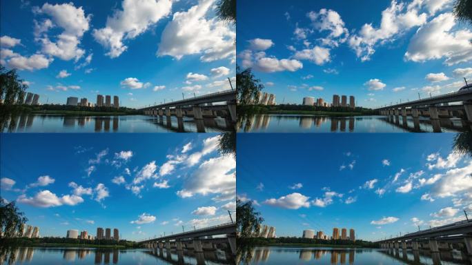 蓝天白云下的高铁 城市风景延时 桥梁建筑