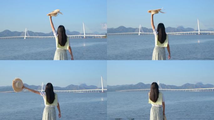 4k深圳湾公园海边招手的少女