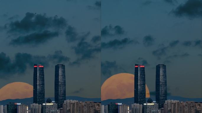 月亮从城市升起全过程延时