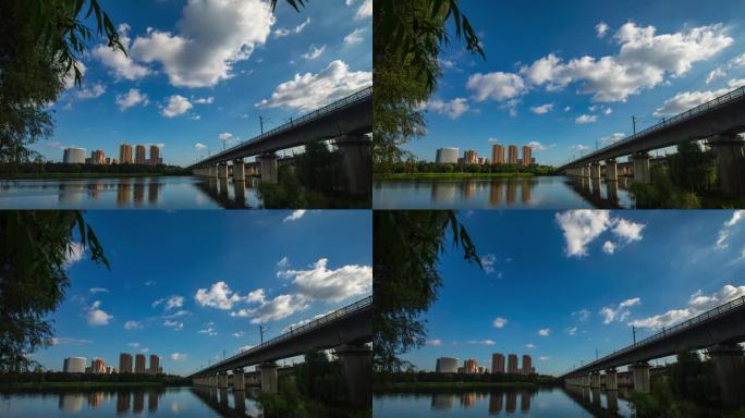 城市高铁延时 城市建筑桥梁 蓝天白云