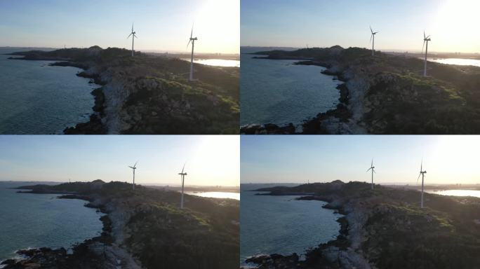 海岸风车唯美海边风车海上风力发电机潮汐能