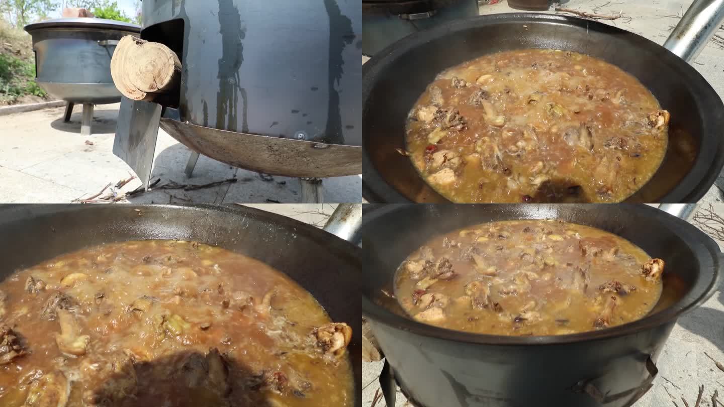 铁锅炖肉烧柴火木头野餐美食美味