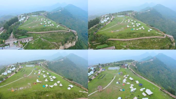 航拍山东省临沂岱崮旅游区露营风景