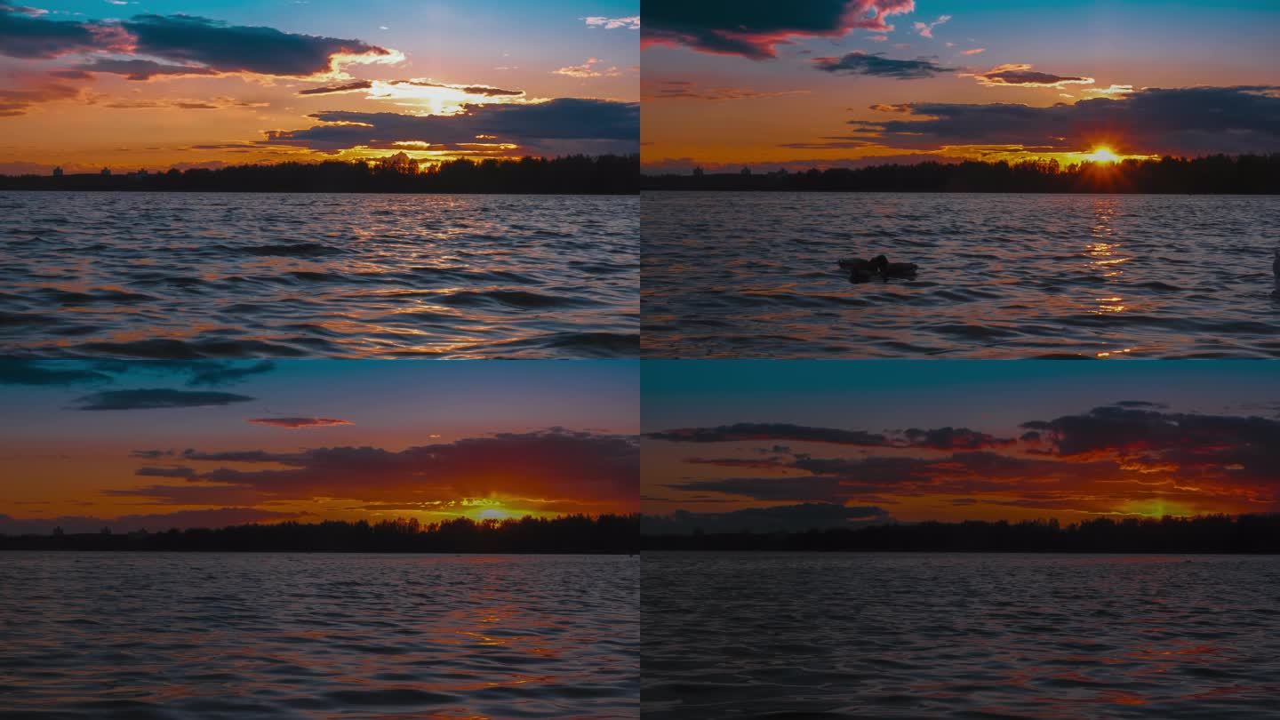 8k夕阳余晖晚霞照耀波光粼粼的湖面