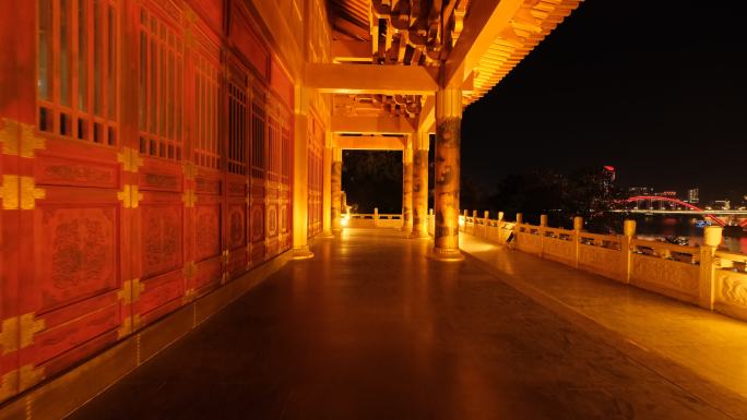 广西柳州文庙中式庭院宫殿长廊走廊夜景