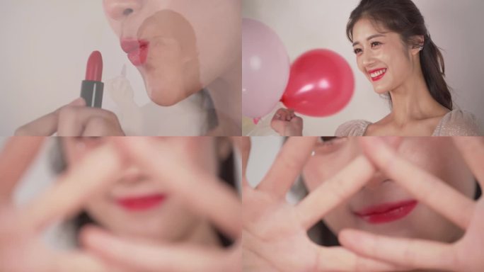 可爱美少女玩气球亲吻口红