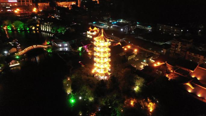 桂林木龙湖木龙塔夜景航拍