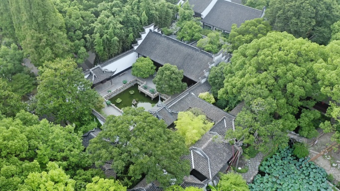 航拍城市生态环境上海醉白池风景区