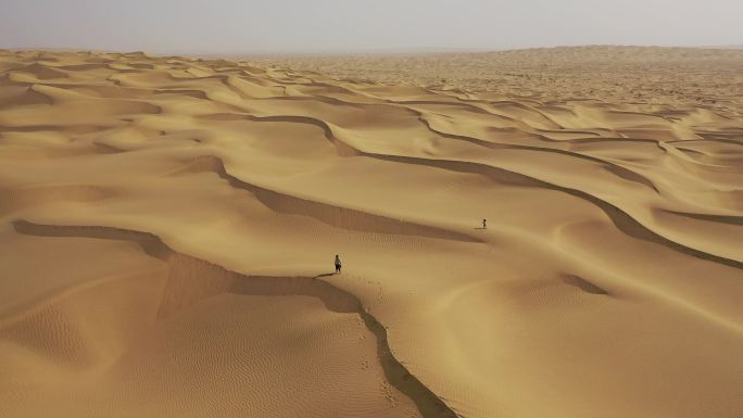 航拍新疆塔克拉玛干沙漠中一个人在行走
