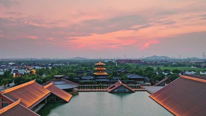 航拍广富林文化遗址建筑日落风景
