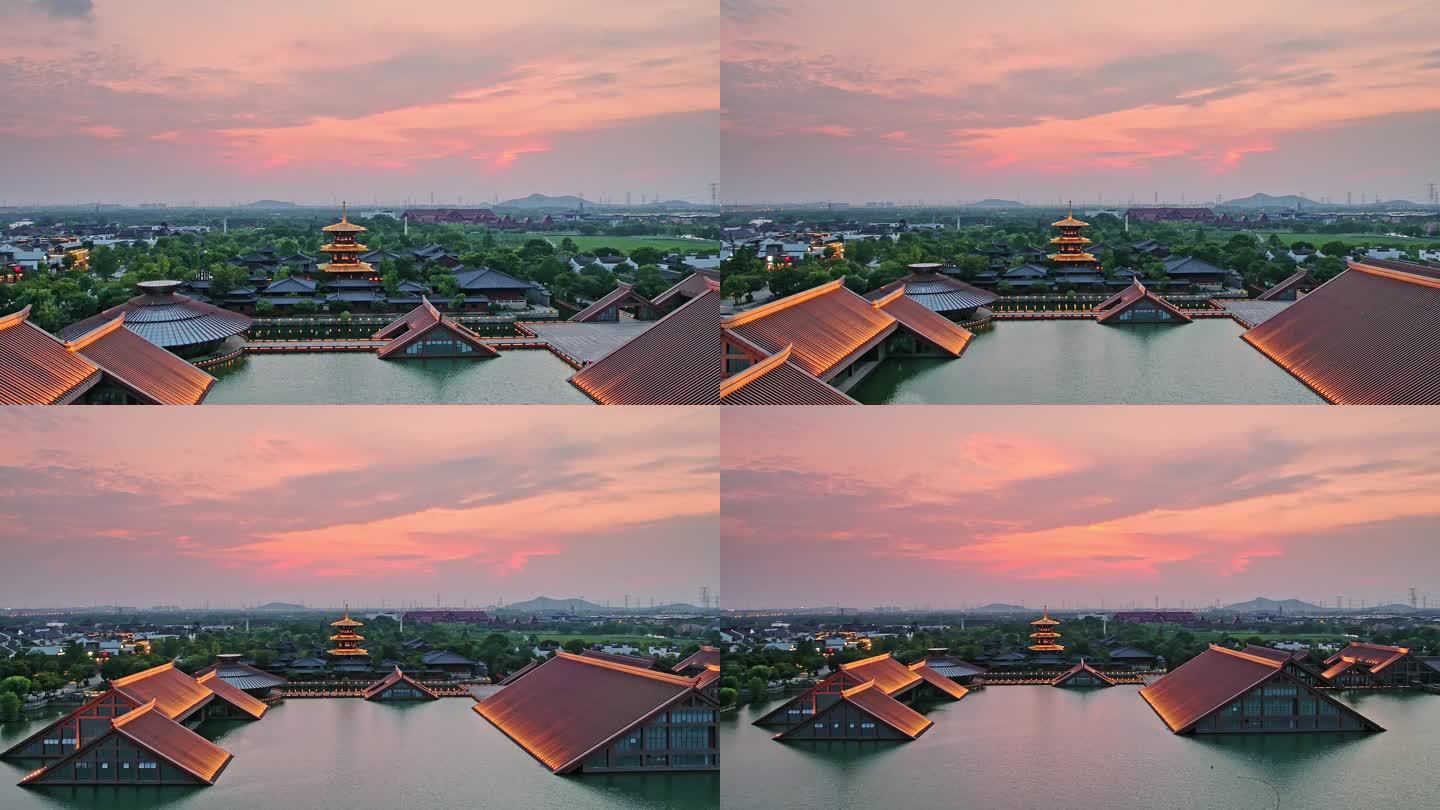 航拍广富林文化遗址建筑日落风景