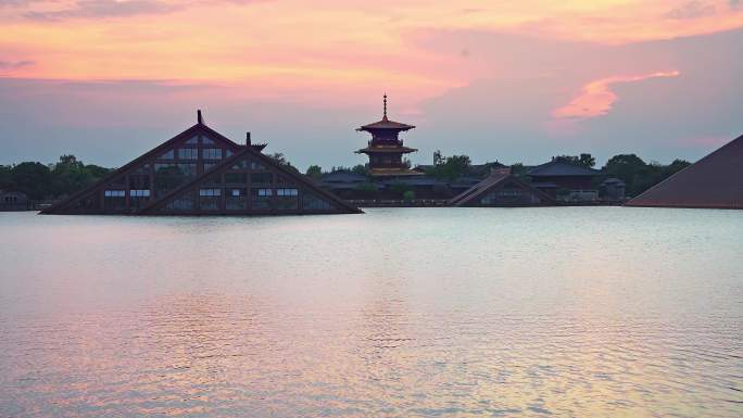 广富林文化遗址建筑灯光与古陶艺术馆夜景